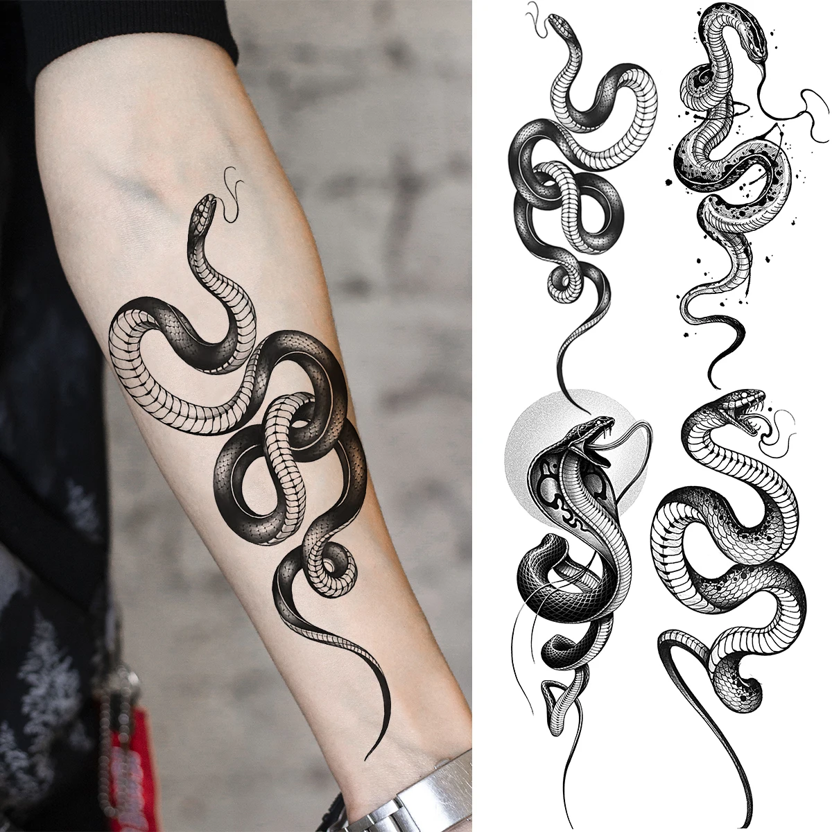 Черна Змия Временни Татуировки За Жени На Възрастни Мъже Реалистична Кръгла Змия Фалшива Татуировка На Мода Предмишницата Водна Прехвърляне На Татуировка Хартия