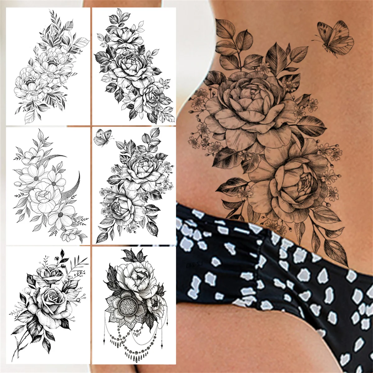 Пеперуда на Цвете Временни Татуировки За Жени на Луната Божур Татуировка Стикер Цветни 3D Рози Фалшиви Бижута Черни Големи Татуировки Секси Момичета