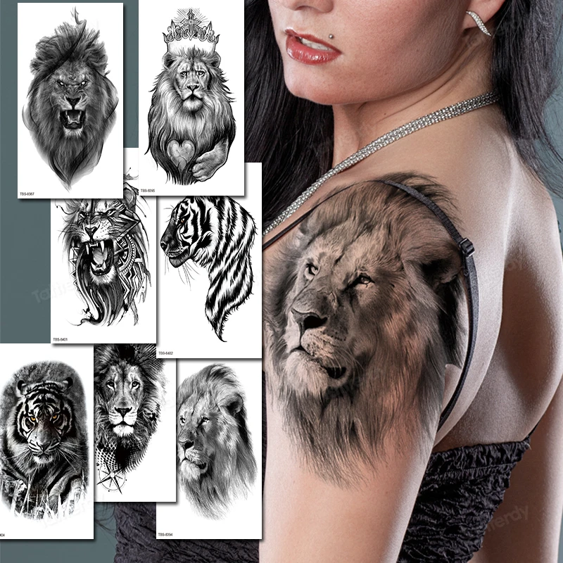 водоустойчив временни татуировки етикети черна пренос на вода, боди-арт секси аниме лъвска глава цар тигри ръка татуировка на рамото ръкав