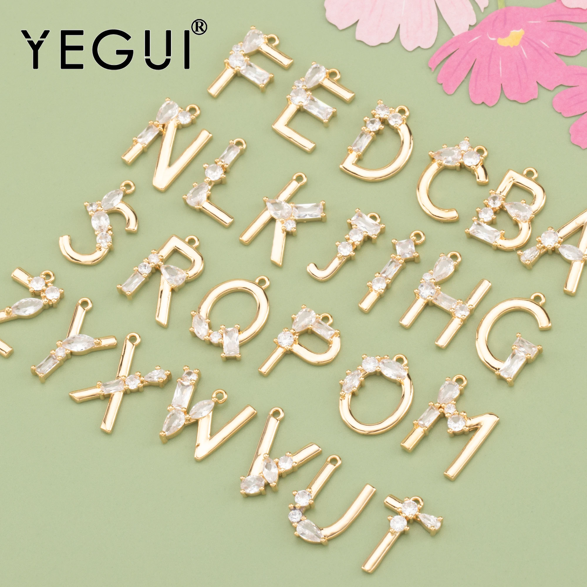 YEGUI MA96, аксесоари за бижута без никел, 18-каратово позлатените покритие, мед, цирконий, висулки, за направата на бижута, медальони с букви, 6 бр./лот
